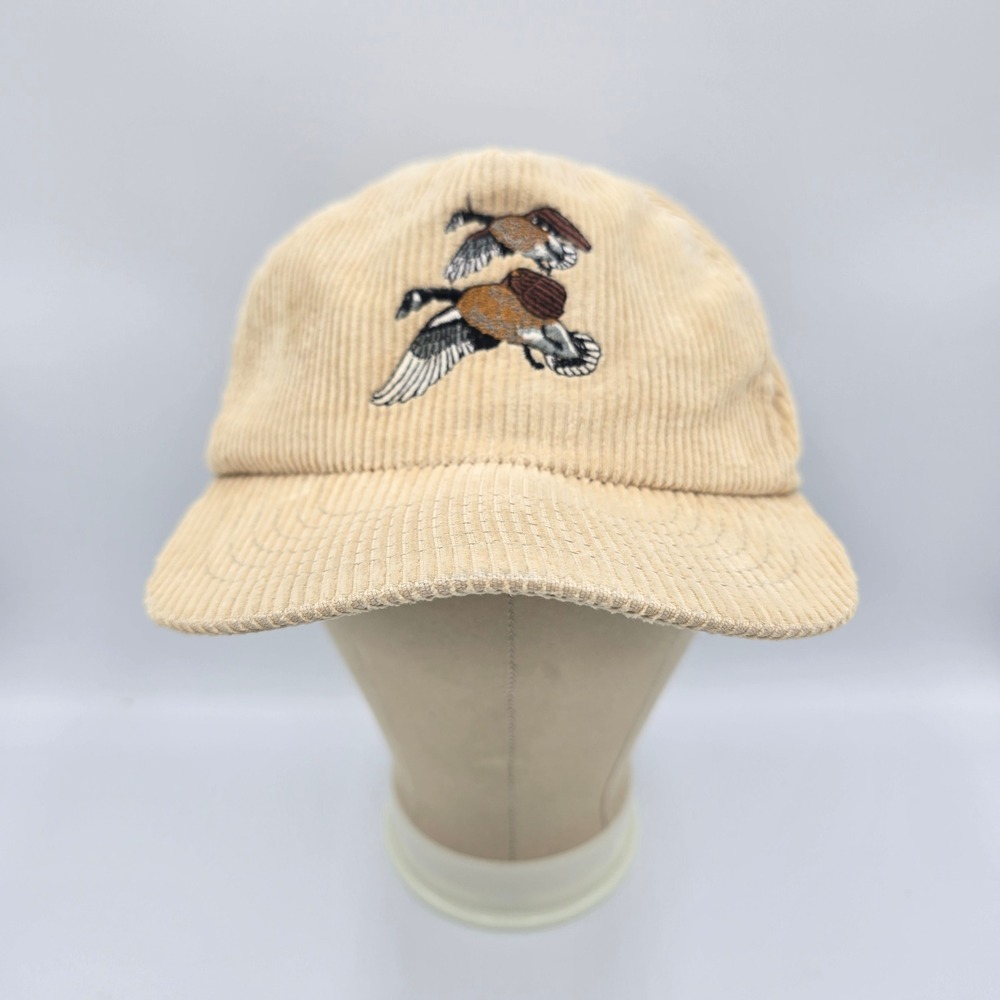 Vintage Corduroy Snapback Hat Tan Flying Mallard Embroidery Hunting Retro Ducks